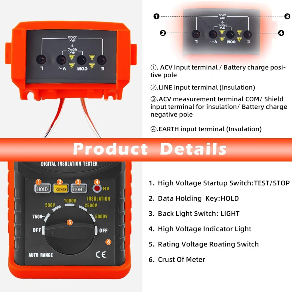 LYCEBELL Megohmmeter, LC-6688B Digital Insulation Resistance Tester, Voltage 500V/1kV/2.5kV/5kV, Auto Range Resistance Testing 1MΩ~200GΩ, LCD Backlight Display, Data Hold