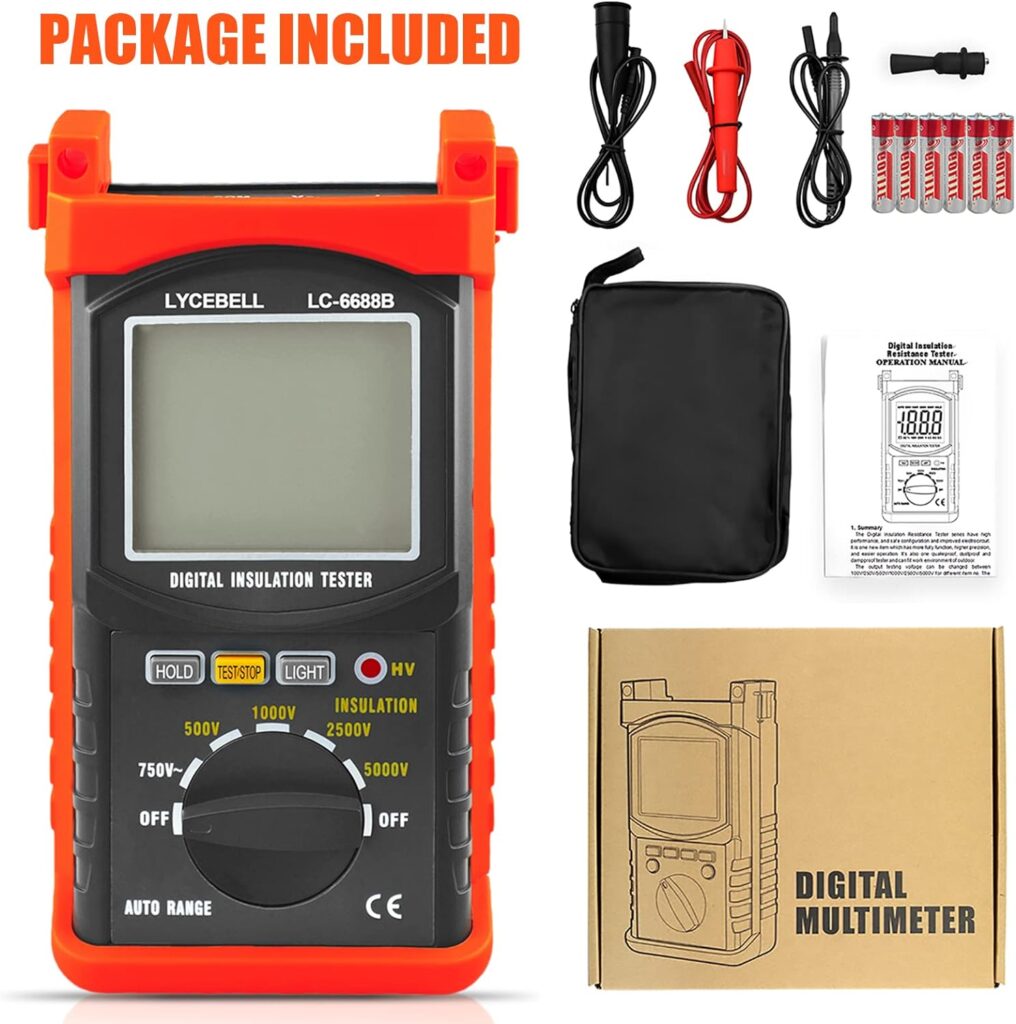 LYCEBELL Megohmmeter, LC-6688B Digital Insulation Resistance Tester, Voltage 500V/1kV/2.5kV/5kV, Auto Range Resistance Testing 1MΩ~200GΩ, LCD Backlight Display, Data Hold