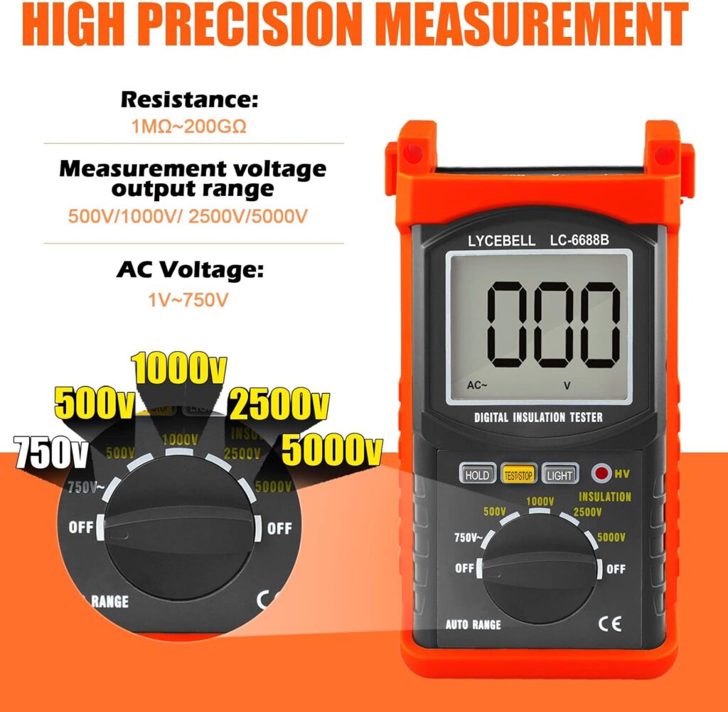 LYCEBELL Megohmmeter, LC-6688B Digital Insulation Resistance Tester, Voltage 500V/1kV/2.5kV/5kV, Auto Range Resistance Testing 1MΩ~200GΩ, LCD Backlight Display, Data Hold