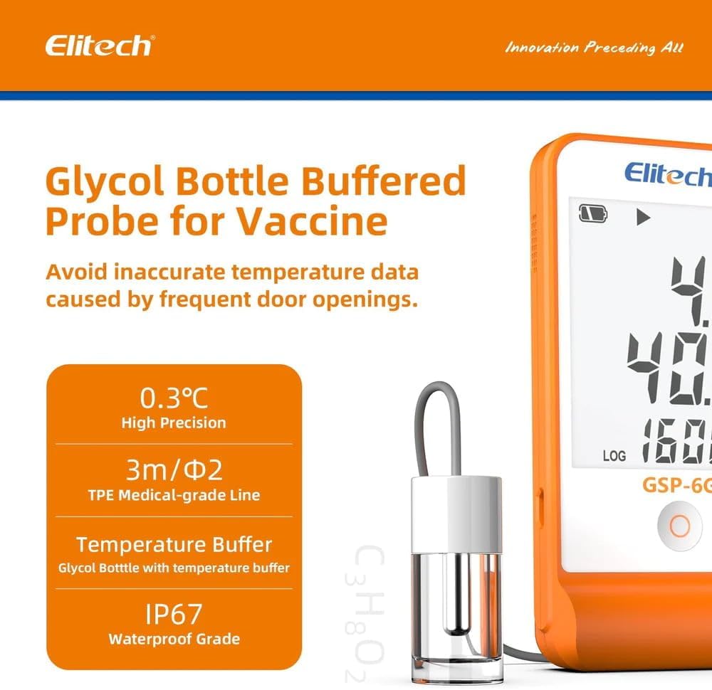 Multiuse Digital Temperature and Humidity Data Logger with Glycol (Range: -40 to 85°C) for Medicine, Vaccine Storage  Monitoring | Model: Elitech GSP-6G