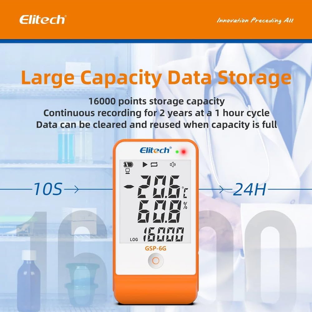 Multiuse Digital Temperature and Humidity Data Logger with Glycol (Range: -40 to 85°C) for Medicine, Vaccine Storage  Monitoring | Model: Elitech GSP-6G