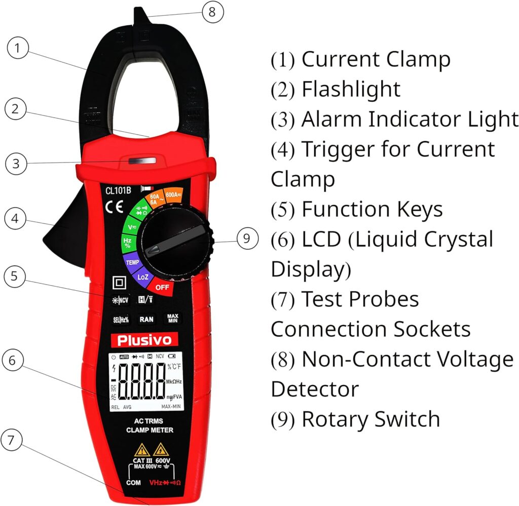 Plusivo Digital T-RMS 6000 Counts, Multimeter, Non Contact Voltage Tester, Auto-ranging, Measures Current Voltage Temperature Capacitance Resistance Diodes Continuity Duty-Cycle (AC Clamp Meter)