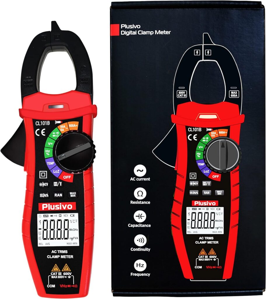 Plusivo Digital T-RMS 6000 Counts, Multimeter, Non Contact Voltage Tester, Auto-ranging, Measures Current Voltage Temperature Capacitance Resistance Diodes Continuity Duty-Cycle (AC Clamp Meter)