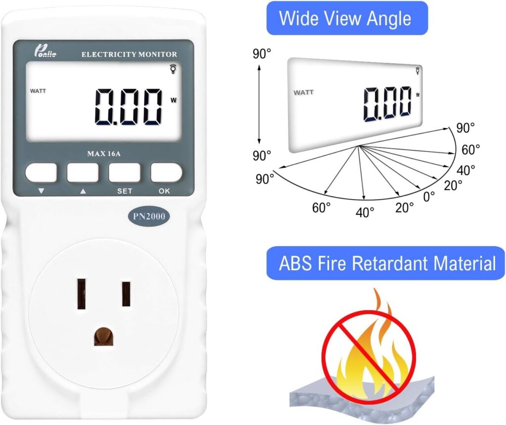 Poniie PN2000 Plug-in Kilowatt Electricity Usage Monitor Electrical Power Consumption Watt Meter Tester w/Extension Cord