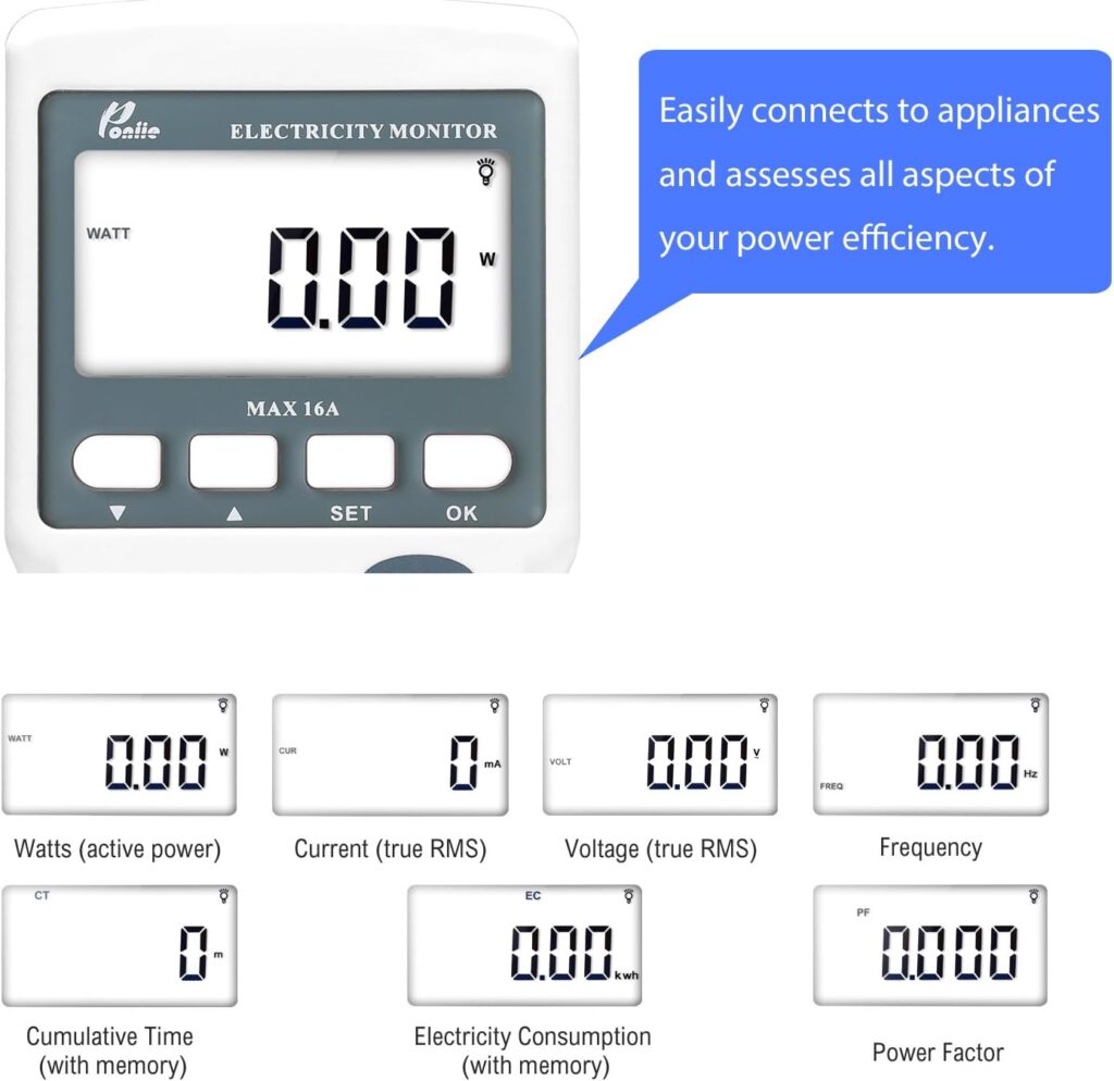 Poniie PN2000 Plug-in Kilowatt Electricity Usage Monitor Electrical Power Consumption Watt Meter Tester w/Extension Cord