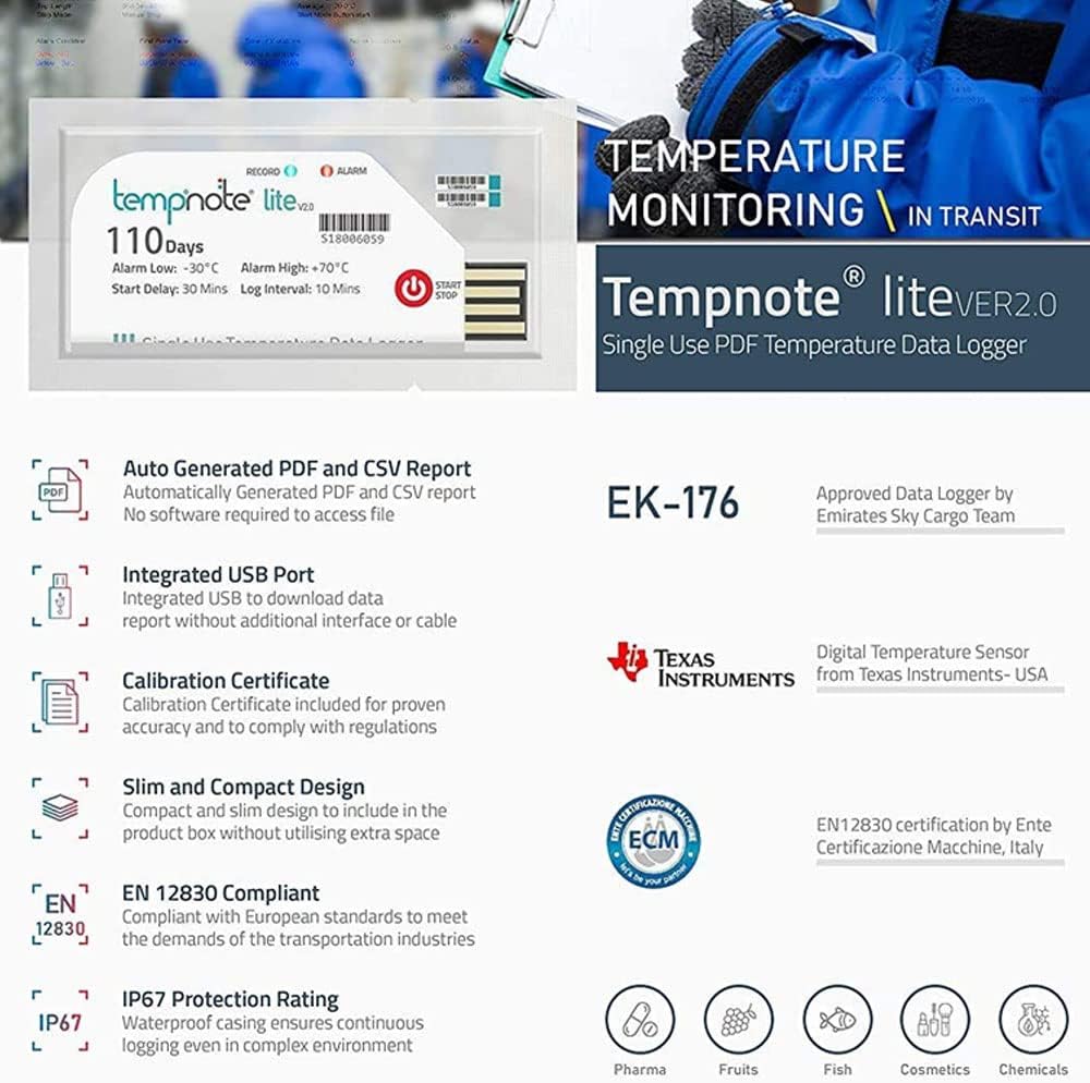 Single Use Temperature Data Logger (Range: -22°F to 158°F) for Vaccine Box, Pharma, Food Industry, Chemicals, Hatchery Model: Tempnote Lite V2.0 (Pack of 2)