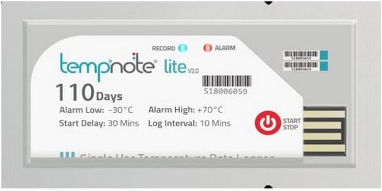 Single Use Temperature Data Logger (Range: -22°F to 158°F) for Vaccine Box, Pharma, Food Industry, Chemicals, Hatchery Model: Tempnote Lite V2.0 (Pack of 2)