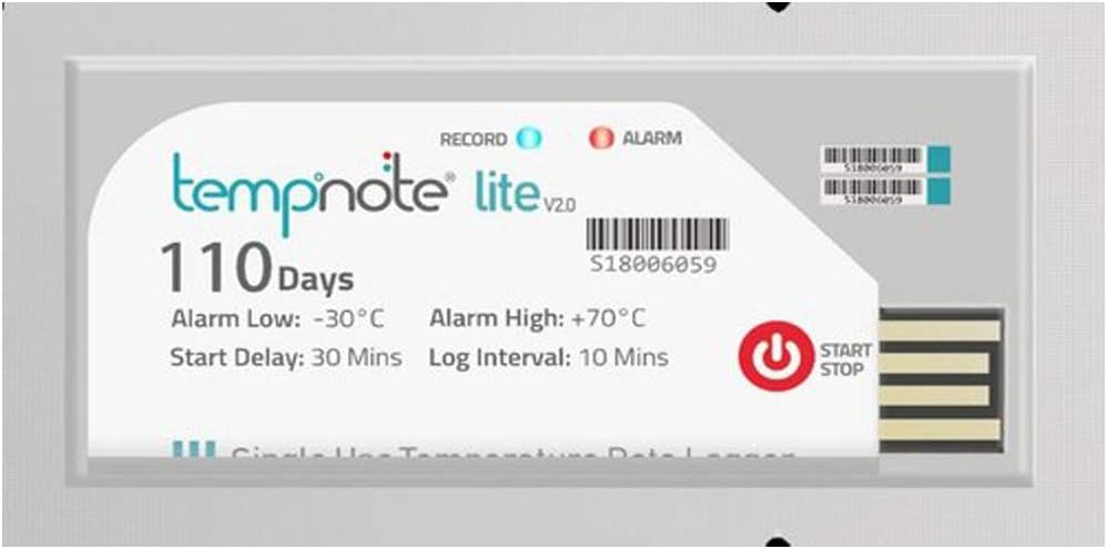 Single Use Temperature Data Logger (Range: -22°F to 158°F) for Vaccine Box, Pharma, Food Industry, Fishery, Cosmetics, Chemicals, Hatchery Model: Tempnote Lite V2.0