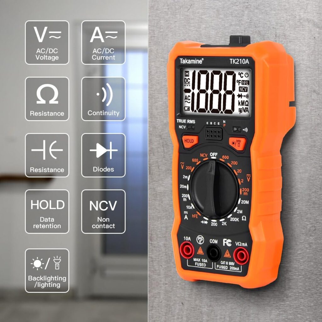 Takamine Digital Multimeter with Ohm Tester and Volt Amp Test Meter,DC AC Digital Voltmeter,NCV Function, Lighting, Bracket and Magnetic Suction Function,Measures Voltage Current Resistance Diodes