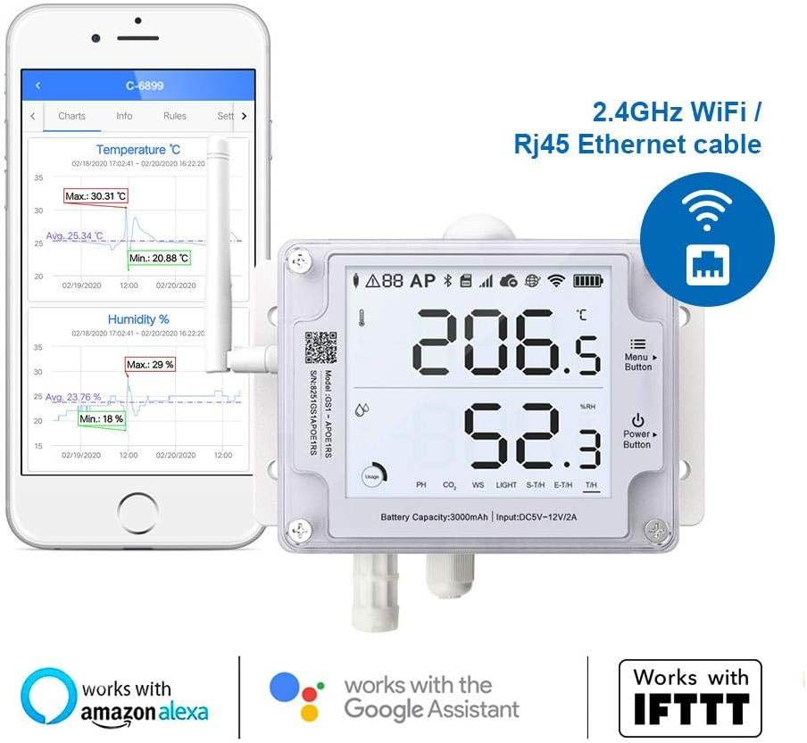 Ubibot GS1-AETH1RS + PT100 Ethernet Thermometer Hygrometer, WiFi Temperature Humidity Sensor, Digital Temperature Data Logger, Free App Email Alert(2.4GHz WiFi  RJ45 Ethernet, no hub Required)