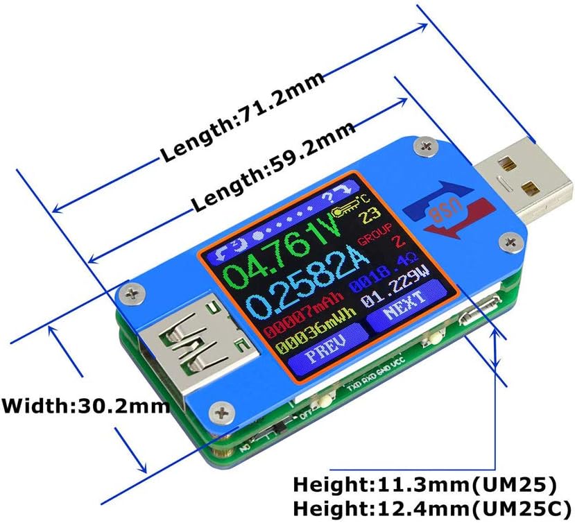 USB Tester UM25C USB Meter Tester,Voltage Current Bluetooth Battery Power Charger Voltmeter Ammeter Multimeter Tester, 1.44 Inch Color LCD Display USB 2.0 Type- C Cable Resistance Load Impedance Mete