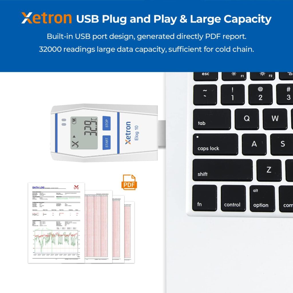 Xetron New Designed Multi-Use Temperature Data Logger for Cold Chain Recorder up to 32000 Points, Thermometer Email Alarm, PDF Report, with Calibration Certificate, Elog10 (1 Pack)