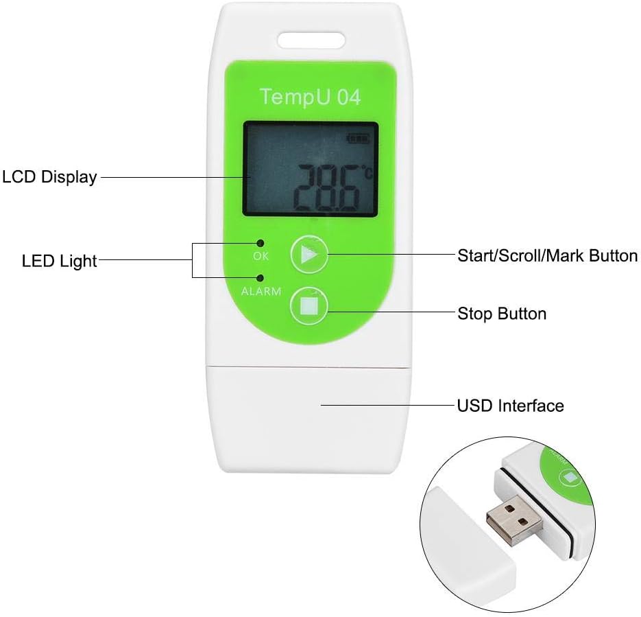 Temperature and Humidity Data Logger TempU04 PDF USB Port Reusable Temperature Humidity Recorder 12,000 Points Capacity(TempU04)