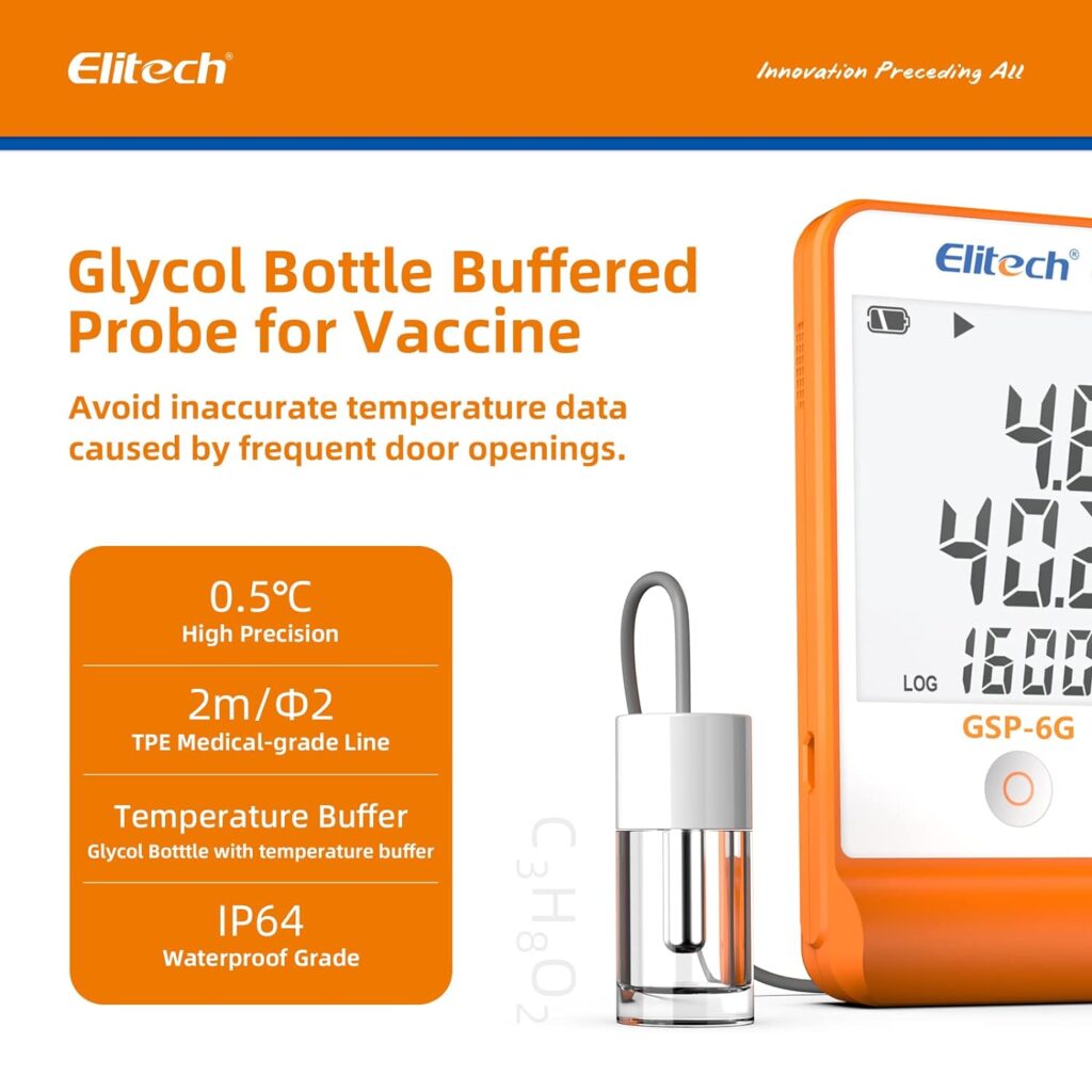 Elitech Digital Temperature Humidity Data Logger Medical Refrigerator Thermometer Vaccine Fridge Temperature Monitor Max Min Value GSP-6G