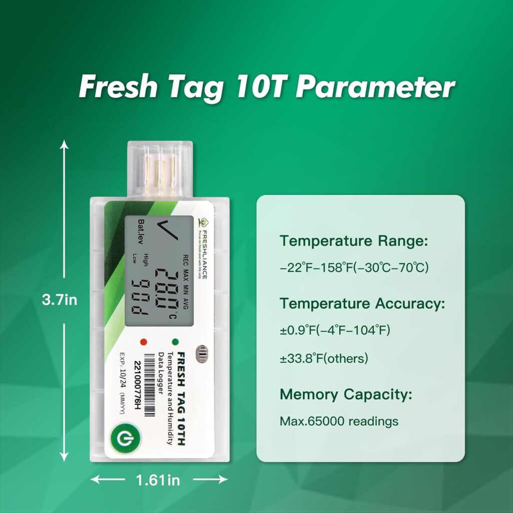 Freshliance LCD Temperature Humidity Data Logger, Single Use USB Temperature Humidity Recorder with PDF or CSV Report, 65000 Readings -22℉~158℉ High Accuracy, 90days, 1pack, Fresh Tag10TH