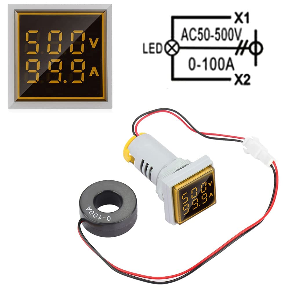 LED Dual Display AC Voltmeter Ammeter, 22mm Square Digital Voltage Current Tester Panel Instrument Indicator 0 to 100A 60 to 500V(Yellow)