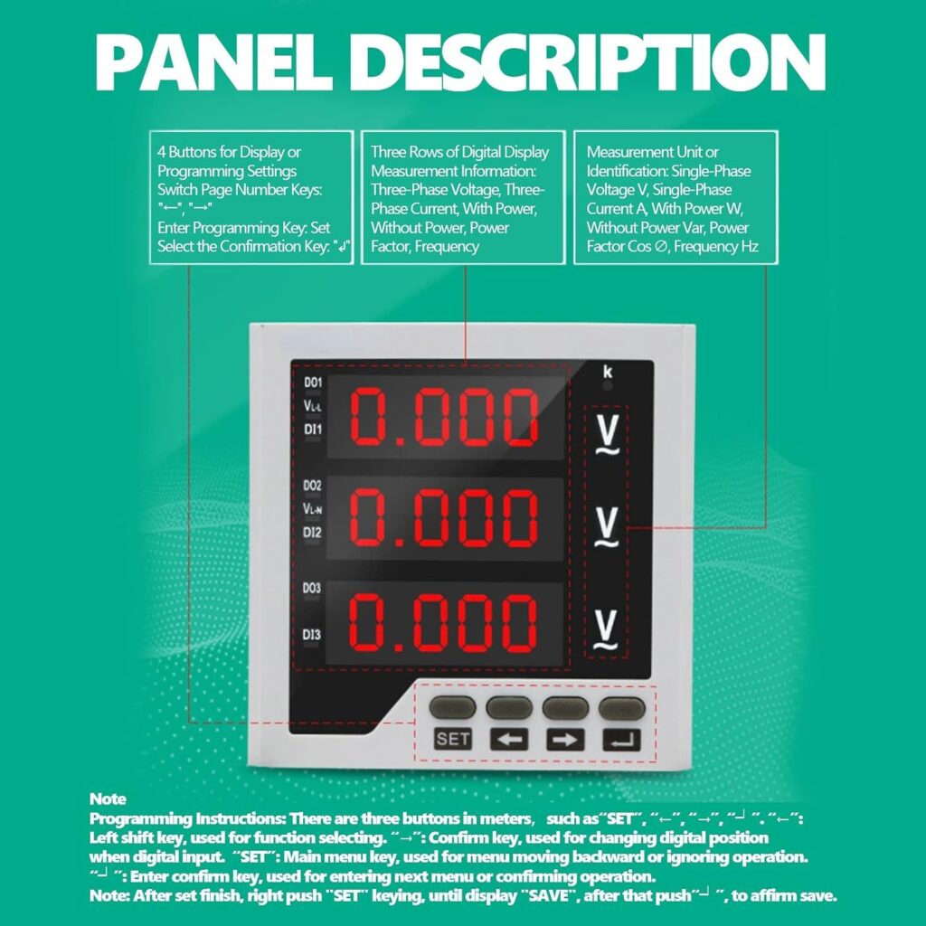 3 Phase Voltage Meter AC 450V, DTM-AV96 Digital Voltmeter 1999 LED Display Panel Programmable Voltage Current Frequency Tester