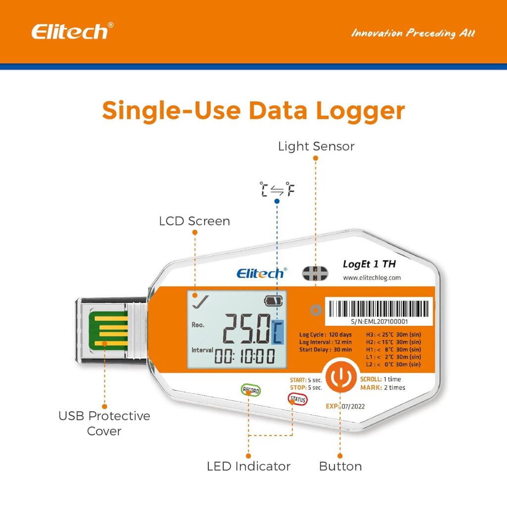 Elitech Temperature Humidity Data Logger Single Use Temperature Recorder PDF Report USB Temperature Logger 16000 Points WHO PQS Listed LogEt1-TH-10Pack