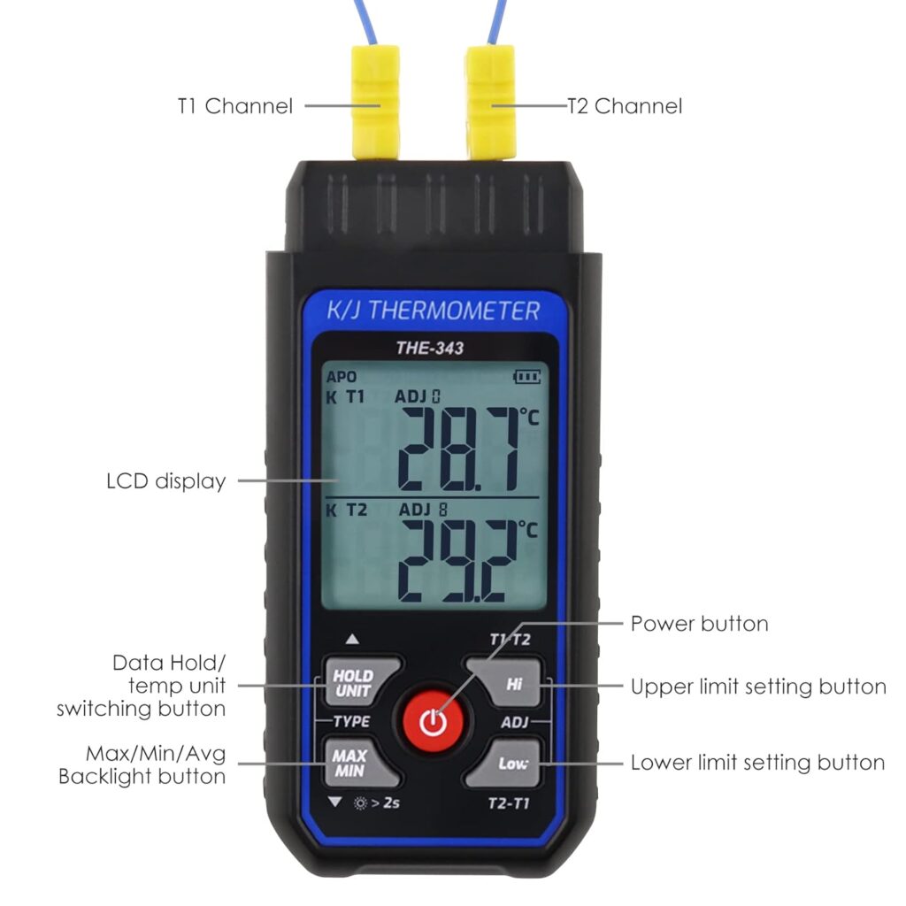 Thermocouple Thermometer Data Logger 4 Channels Digital K Type Thermometer with 5000 Groups Programmable Temperature Recording -328~2501℉ Measuring Range, Audible  Visible Alarm ADJ Compensation