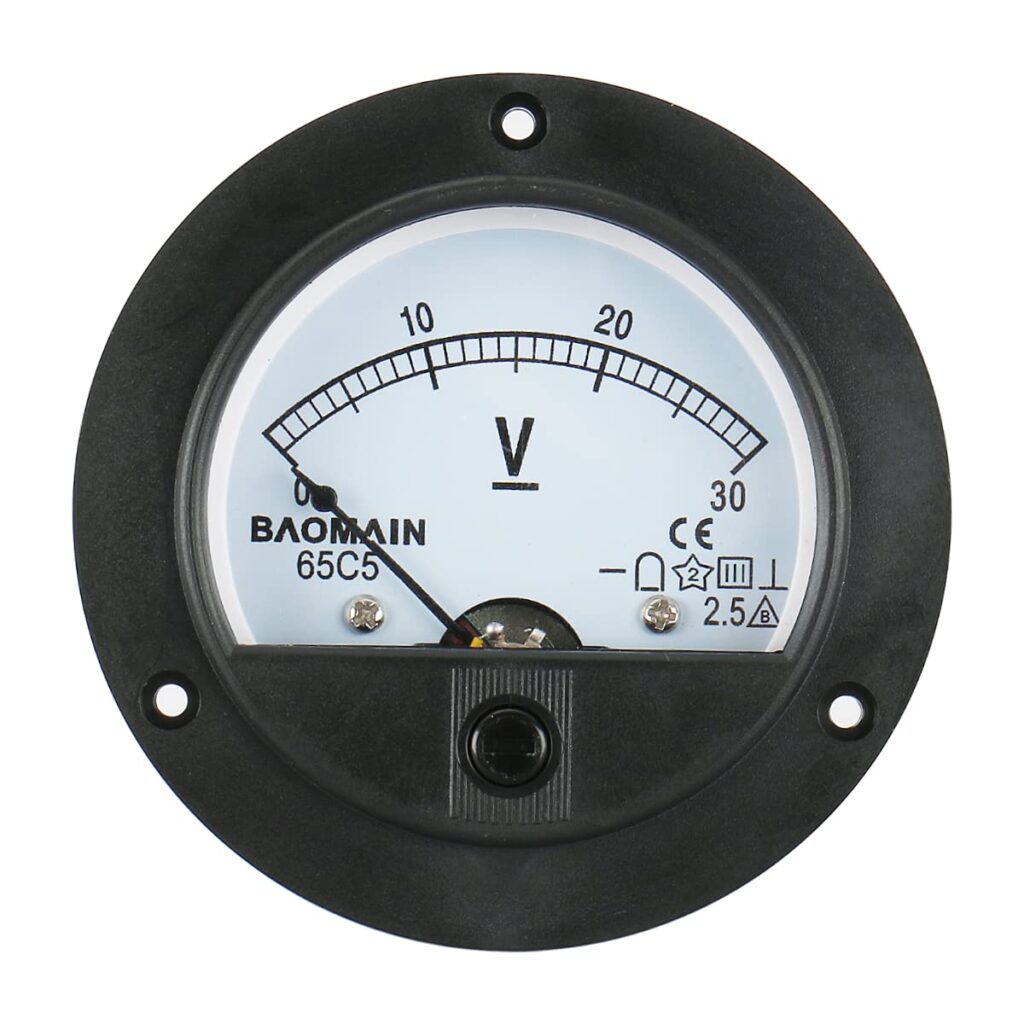 Baomain DC 30V Round Voltmeter Voltage Meter 65C5 Gauge Analog Panel Class 2.5 CE