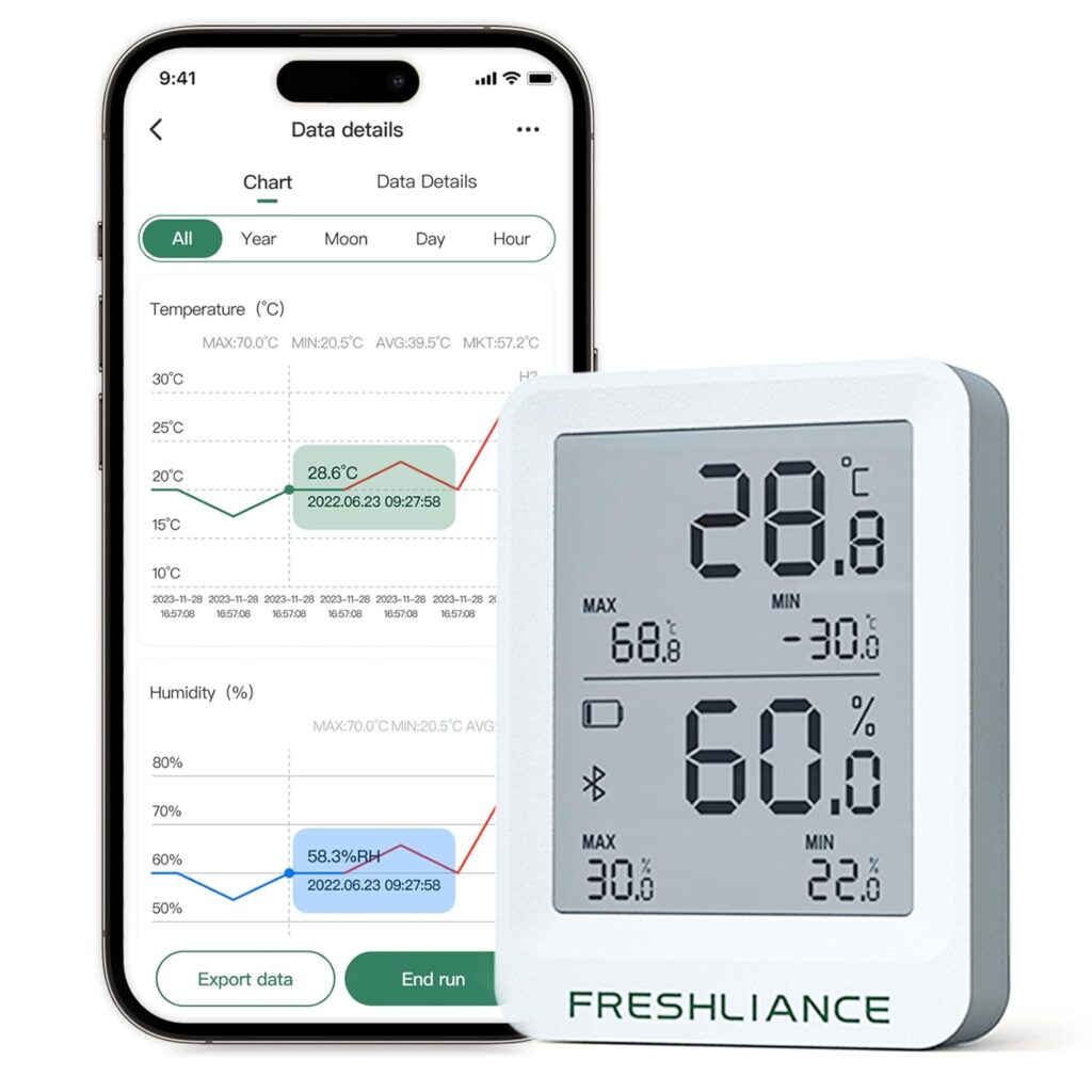 Bluetooth Temperature Humidity Data Logger Recorder, Refrigerator Freezer Thermometer Hygrometer, Digital Remotely Temperature Humidity Monitor with Smart APP Data Analysis, BlueTag TH20