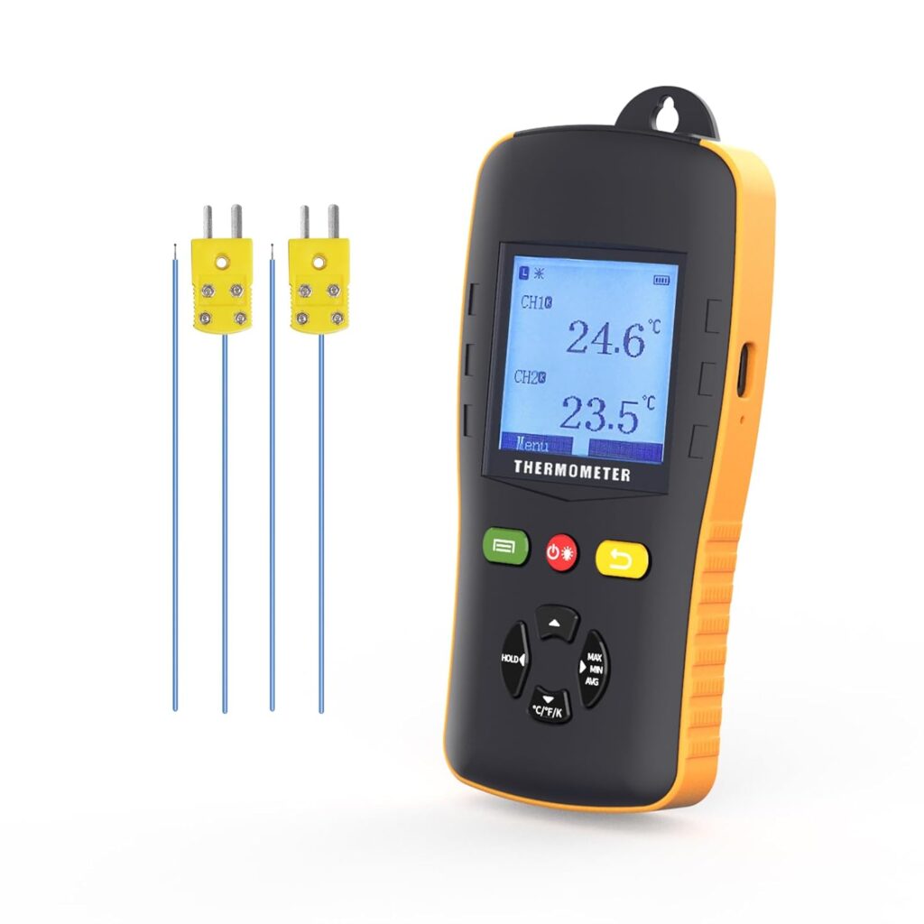 K Type Thermocouple Data Logger USB Handheld Dual Channel T/J Type Thermometer Logger Auto-Report 61440 Groups  Sound Alarm,Digital Industrial Temperature Recorder with Probe for Oven HVAC Lab