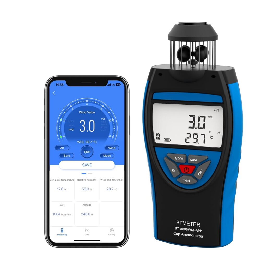 BTMETER Cup Anemometer Handheld Air Flow Meter, Wind Speed Data Logger w/Barometer Measure Wind Velocity/Temperature/Altitude/Humidity for HVAC Air Ventilation, Drone Hiking Outdoor Activities