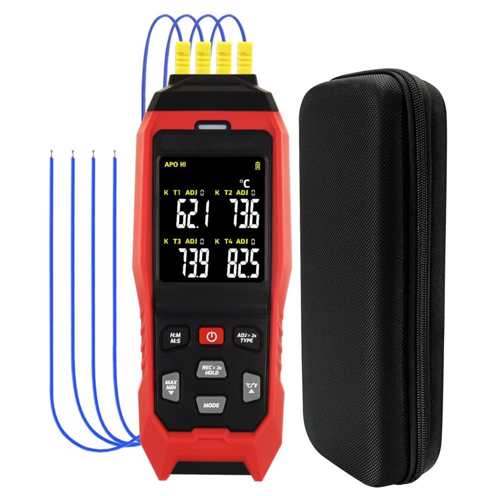 Digital 4 Channels K and J Type Thermometer with 5000 Groups Programmable Temperature Data Logger, -328~2501 ℉ Measuring Range Thermocouple Thermometer HVAC Temp Meter with Alarms  ADJ Compensation